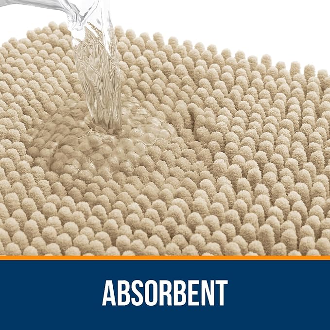 OLANLY Chenille Bathroom Rugs Mats Sets 2 Piece, 47"x20"+24"x20", Beige | Soft Absorbent Bath Mat and U-Shaped Contour Toilet Rug Set, Quick Dry, Machine Washable Bath Carpet, Home Decor Accessories