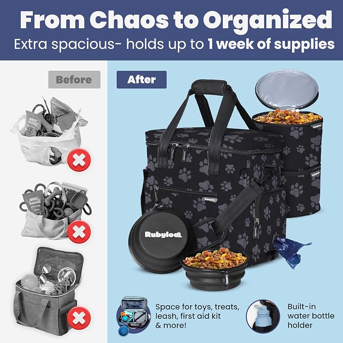 Original Doggy Bag™ Dog Travel Bag for Supplies with Travel Bowls | 2 BPA-Free Collapsible Bowls, 2 Pet Food Containers, TSA-Ready, Road Trips, Camping, Weekend Getaways, Doggy Gift, Paw Print