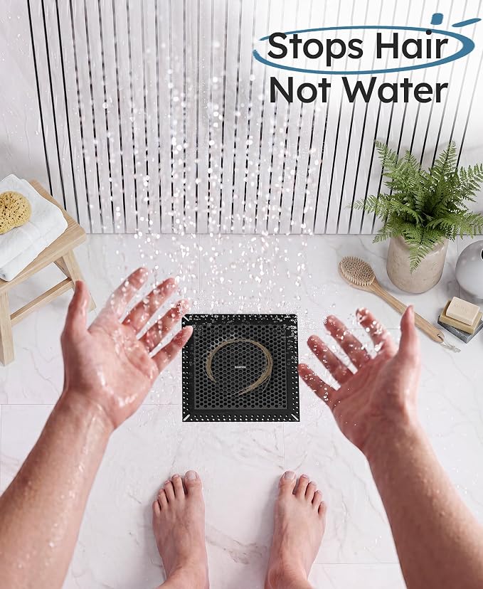Square Shower Drain Hair Catcher, Anti-Clogging, Black, 6 inch | 304 Stainless Steel and TPE Material/ Not Moving / Easy Clean / Fast Drainage / Fits Bathroom Hair Catcher for Shower