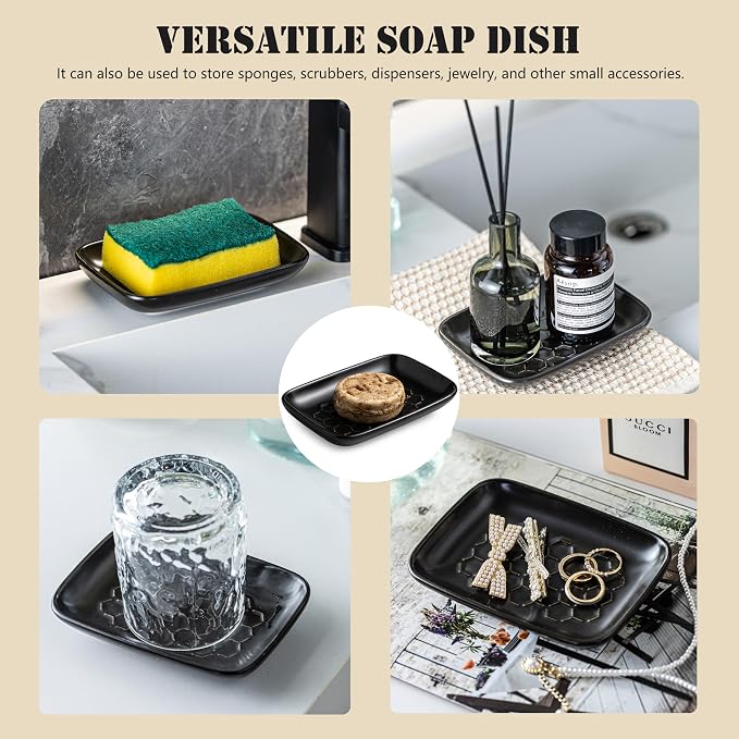 Gomakren Soap Dish for Shower, Ceramic Bar Soap Holder with Honeycomb Design - Father's Day Soap Saver Tray for Bathroom Kitchen Sink, Sponge & Organizer Tray, Upscale Look, 5.5 Inch, Black