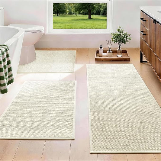 Beige Bathroom Rugs Sets 3 Piece, Quick Dry Non Slip Thin Bath Mat with Toilet Rug, Absorbent Machine Washable Bath Runner Rugs for Bathtub Sink Home Decor