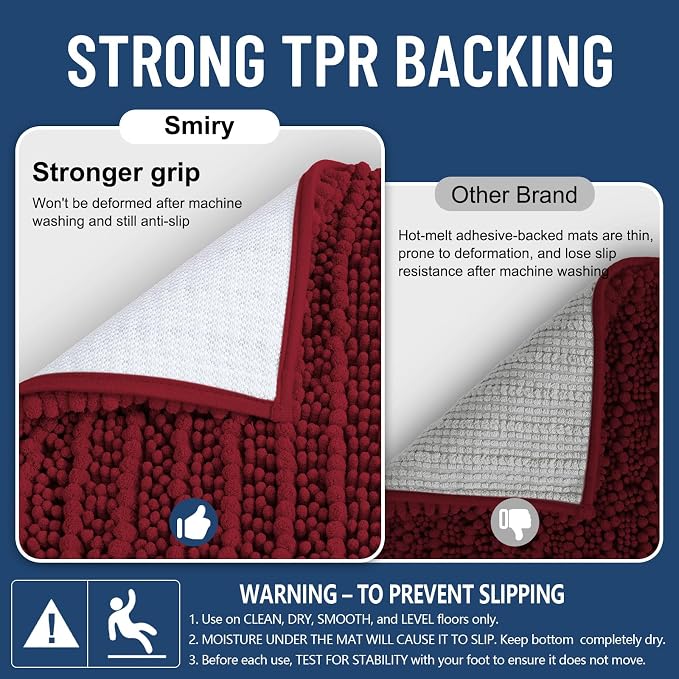 Smiry Bathroom Rugs 36X24, Extra Soft Rubber Backing Chenille Bath Mats | Red Machine Washable Non Slip Quick Dry Bath Mats for Bathroom Floor, Tub, Shower, Home Decor Accessories