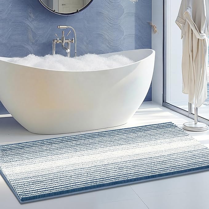Large Bathroom Rugs Runner, 22x60 Striped Bath Mats, Fog Blue | Non Slip Chenille Backing, Extra Soft Absorbent, Quick Dry Machine Washable, Shower Rug for Bathroom Bedroom Decor