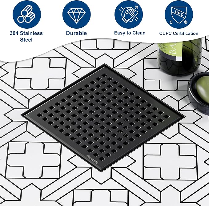 Neodrain 6 Inch Square Shower Drain, 304 Stainless Steel Bathroom Drainage with Removable Quadrato Pattern Grate, PVC Shower Drain Base, Hair Strainer for Bathroom Floor Drains, Matte Black