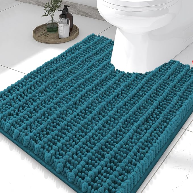 Smiry Bathroom Toilet Rugs U Shaped 24X20, Chenille Bath mats for Toilet | Lake Blue Extra Soft Absorbent Non Slip Rubber Backing Contour Bath Rugs for Toilet, Machine Washable Contoured Bath Mats
