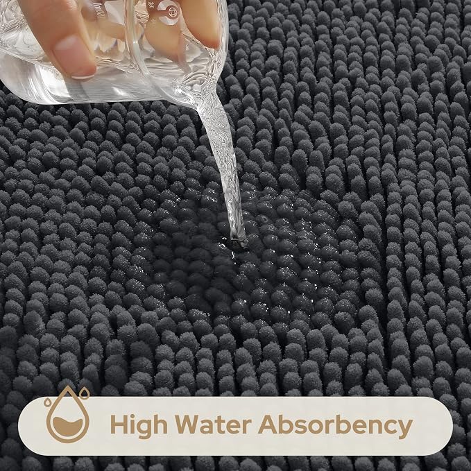HOMEIDEAS Dark Grey Chenille Bathroom Rugs Set of 3, Non Slip Bath Mat | Super Absorbent, Soft Microfiber, Machine Washable, Stain Resistant, for Bathroom Decor
