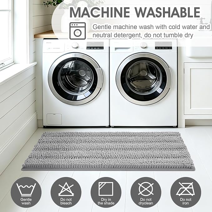 ACCUMTEK Striped Light Grey Toilet Bathroom Rug Mat Set 2 piece Rug Ultra Soft, Non Slip Chenille Bath Rugs, Absorbent Plush Shaggy Bath Mats for Bathroom, Bedroom, Kitchen, Shower, Tub