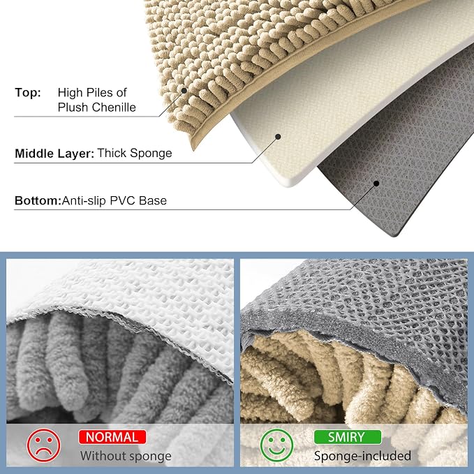 Smiry Chenille Bathroom Rugs Sets 2 Piece (47x20+30x20, Beige) | Soft Absorbent Machine Washable Non Slip Shaggy Bath Rug Set for Tub, Shower, and Floor, Home Decor