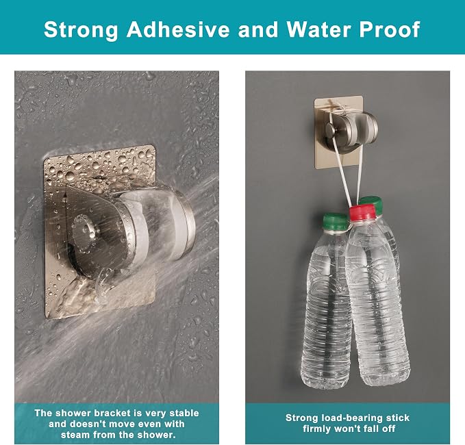 GwernKB Handheld Shower Head Holder with 2 Hanger Hooks,Strong Adhesive&Waterproof No Drilling Wall Mount Shower Bracket for RV and Kids&Elders,Install Any Height&Fix Firmly,Brushed Nickel