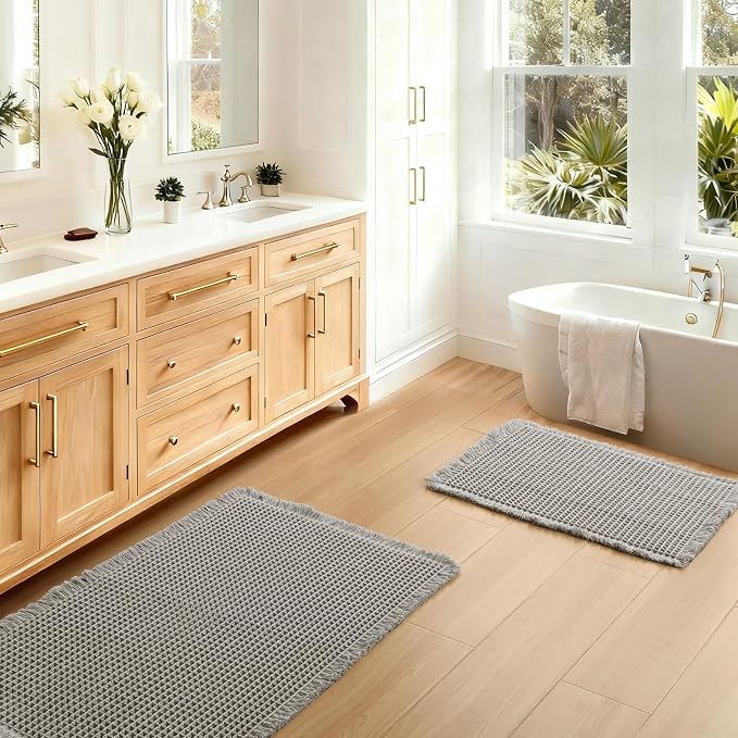 JIUZHEN Set of 2 Waffle Bathroom Rugs Boho Bath Mats 16"x24"+24"x36", Grey | Non Slip, Super Absorbent, Washable, Ultra Soft, Fast Drying Waffle Bathroom Rugs for Bathroom Floor, Tub, Shower