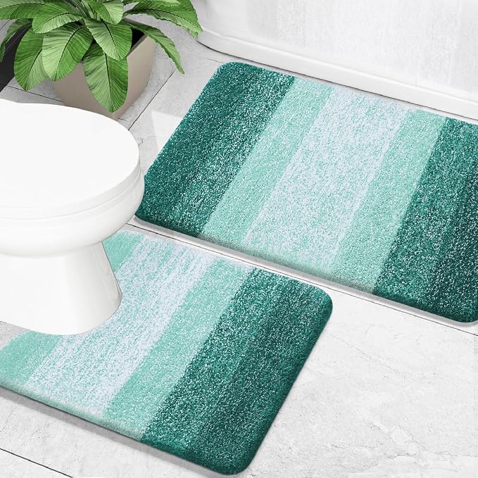 OLANLY Micorfiber Bathroom Rug Set 2 Piece, 24"x16"+U-Shaped 24"x20" | Blackish Green, Soft Absorbent Bath Mats and Contour Toilet Rug, Non-Slip, Machine Wash Dry, Plush Bath Mats for Bathroom