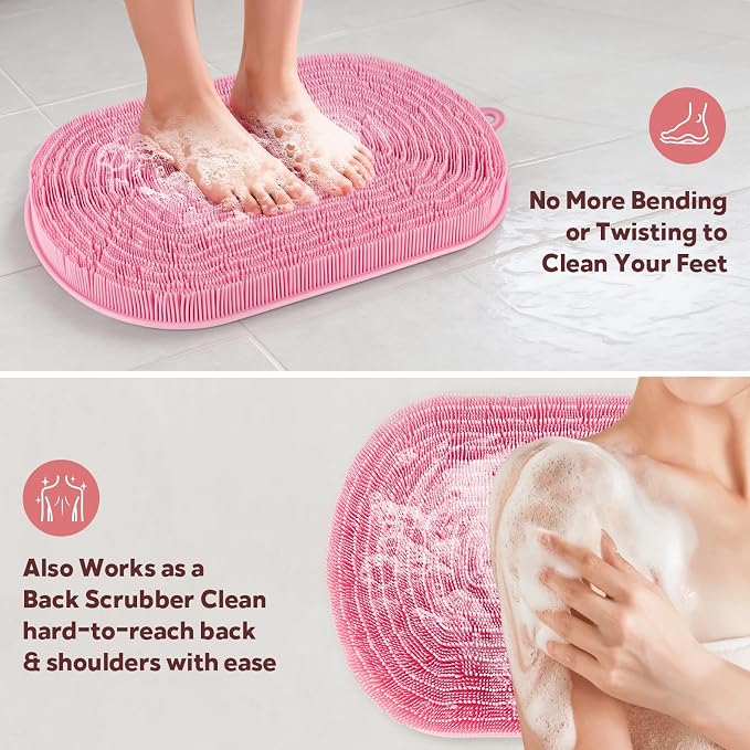 21"×14" Large Shower Foot Scrubber Mat, Silicone Feet/Back Exfoliating Cleaner with Suction Cups, Foot Massage Bath Pad for Dead Skin Removal, No Bending Over Soft Bristle Bath Mat