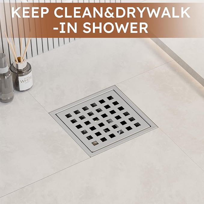 4 Inch Brushed Nickel Square Shower Drain Kit with Flange,Modern Floor Drain with Removable Quadrato Pattern Grate,Stainless Steel SUS 304