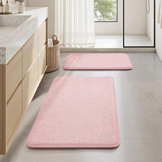 HOMEIDEAS Memory Foam Bathroom Rugs Set of 2, Pink 24"x17"+32"x20" | Ultra Absorbent Quick Dry Bath Mats with Non Slip PVC Backing, Machine Washable, Ideal for Bath Floor, Shower and Tub