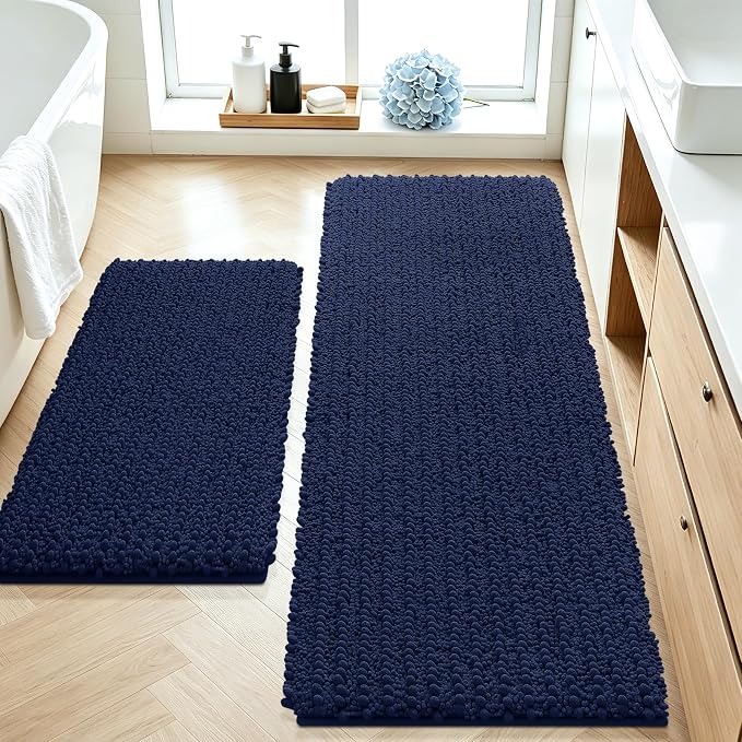 ACCUMTEK Upgrade Luxury 2 Piece Navy Blue Toilet Bathroom Rug Mat 48"x20"+24"x17", Ultra Soft Thick Absorbent Bath Mats, Non Slip Chenille Toilet Mat for Bathroom, Bedroom, Kitchen, Shower, Tub