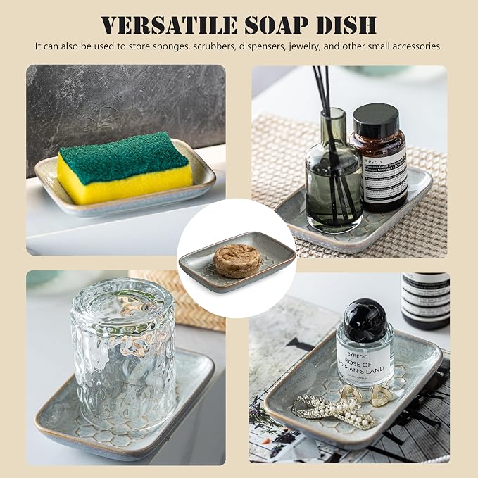 Gomakren Soap Dish for Shower, Ceramic Bar Soap Holder with Honeycomb Design, Father's Day Soap Saver Tray for Bathroom Kitchen Sink, Sponge & Organizer Tray, Upscale Look, 5.5 Inch, Gray