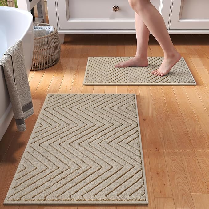 Bathroom Rugs Sets, Thin Non Slip Bath Mat Browm 16"x24"-2 Piece | Quick Dry Absorbent Washable Rubber Backing Bath Rug Shower Mat Bathroom Floor Mat For Sink Bathtub Beside Shower Entrance