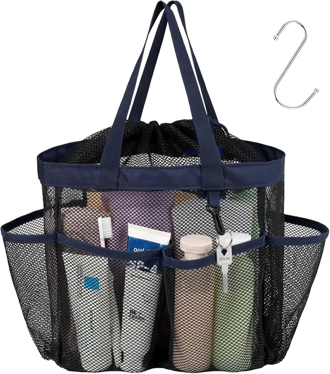 F-color Mesh Shower Caddy Portable with Drawstring - Large 8 Pockets Dorm Room Essentials for Guys Girls with S Hook, Shower Bag Basket Tote for College Camping Gym Travel Toiletry Bathroom, Dark Blue