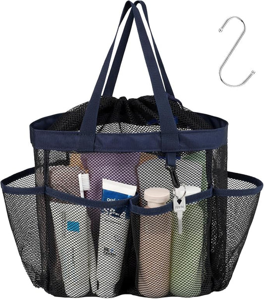 F-color Mesh Shower Caddy Portable with Drawstring - Large 8 Pockets Dorm Room Essentials for Guys Girls with S Hook, Shower Bag Basket Tote for College Camping Gym Travel Toiletry Bathroom, Dark Blue