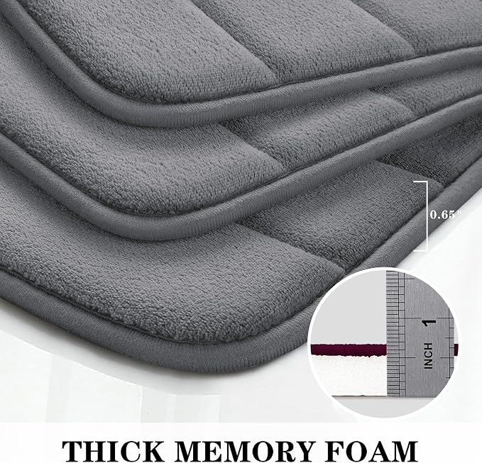 BYSURE Dark Grey Memory Foam Bath Mats Extra Long | Non Slip Extra Soft Absorbent Machine WashableToilet Bathroom Rug Set 3 Piece 20"x32"+24"x44"+U Shape 20"x24"