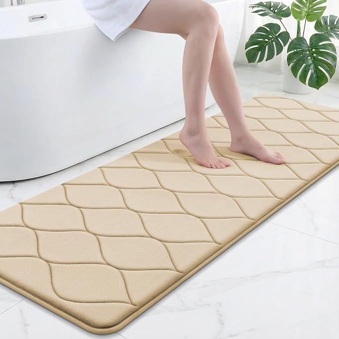 Smiry Memory Foam Bath Mat 70x24, Ultra Soft Absorbent Bathroom Rugs | Beige, Plush Quick Dry and Machine Washable Cushion Bath Mats for Bathroom, Shower, Tub & Home Decor