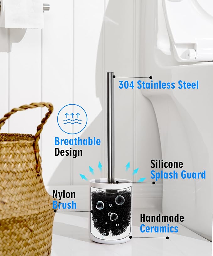 Ceramic Toilet Brush and Holder Set, Toilet Bowl Cleaner Brush | Freestanding Deep-Cleaning, Stainless Steel Handle, Small & Sturdy for Storage, Easy to Clean, Non-Scratching