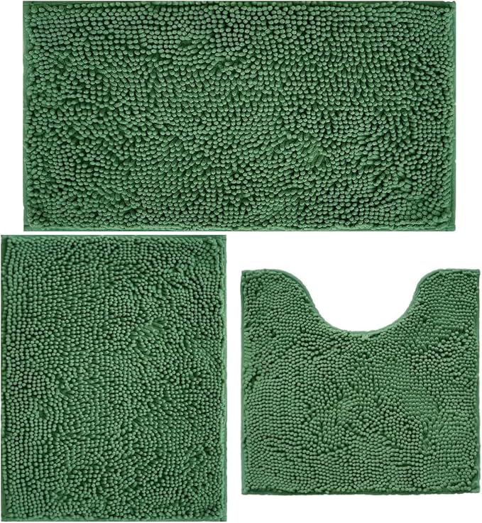 Bathroom Rugs Chenille Bath mat 3 Piece Set, Super Absorbent, Strong PVC Non Slip Backing, Bath mats for Bathroom, Plush Shaggy, Thick, Machine Washable, Bathtub, Toilet, Deep Green