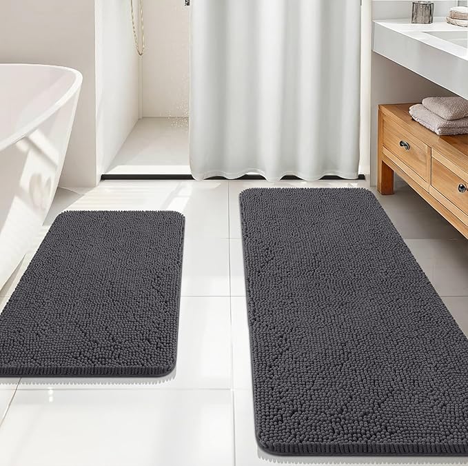 OLANLY Chenille Bathroom Rugs Mats Sets 2 Piece, 59"x20"+30"x20", Dark Grey | Ultra Soft Absorbent Bath Rugs Set, Rubber Backing Non-Slip, Quick Dry, Machine Washable Bath Carpet, Home Decor Accessories