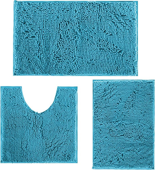 Bathroom Rugs Bath Mats for Batroom Chenillen Bath Rug Set 3 Piece Non-Slip Bath Mats, Absorbent Shaggy Rugs, Machine Wash, Perfect Plush Bathroom Mats, Bathroom Carpets Set Teal Blue
