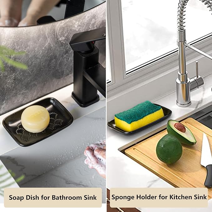 Gomakren Ceramic Soap Dish Bar Soap Holder for Bathroom Kitchen Sink Black | Keeps soap dry & long-lasting, raised scalloped design, non-slip base, easy to clean, versatile tray counter storage & decor