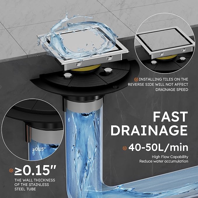 4 Inch Brushed Nickel Square Shower Drain Kit with Flange,Modern Floor Drain with 2-in-1 Cover Tiled Insert Grate,Stainless Steel SUS 304