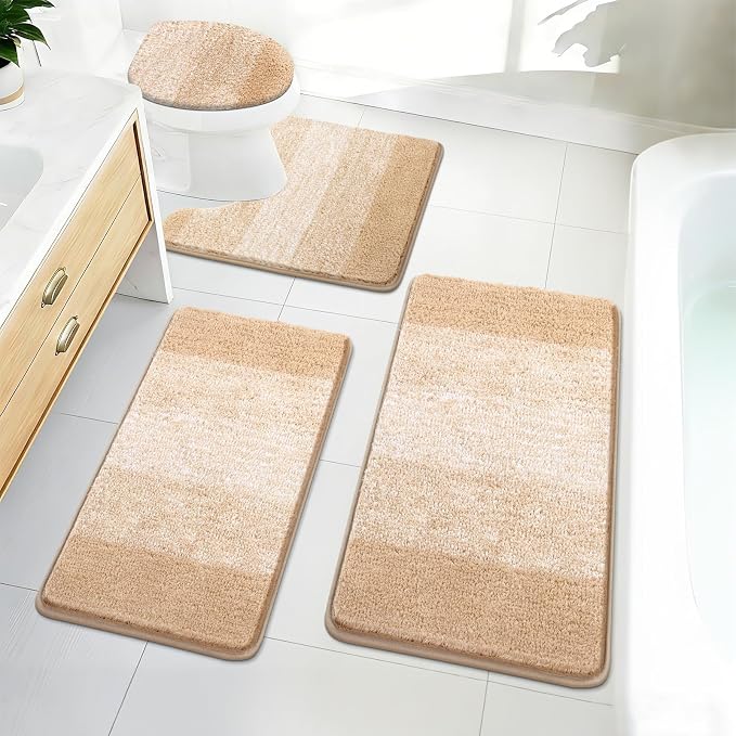 Bsmathom Bathroom Rug Set 4 Piece, Plush Microfiber Bath Mat, Beige | Super Water Absorbent, Non Slip Machine Washable Bath Rug Sets with Toilet Lid Cover and U-shaped Contour Toilet Mat