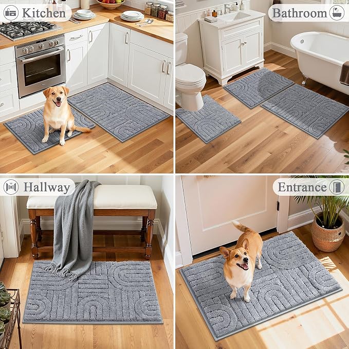 Vaukki Light Grey Bathroom Rugs Sets 3 Piece, 32x20+26x18+24x20 Inch | Washable Non Slip Soft Bath Mats for Shower and Tub, Plush Absorbent Microfiber Toilet Rug U Shaped
