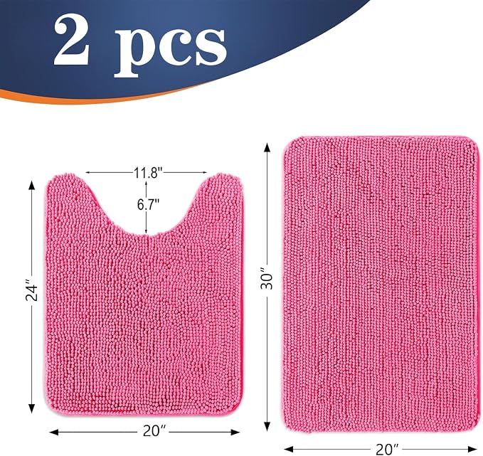 OLANLY Chenille Bathroom Rugs Mats Sets 2 Piece, 30"x20"+24"x20", Hot Pink | Soft Absorbent Bath Mat and U-Shaped Contour Toilet Rug Set, Quick Dry, Machine Washable Bath Carpet, Home Decor Accessories