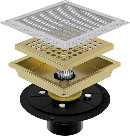 6 Inch Square Gold Shower Drain with Flange,Modern Floor Drain with Quadrato Pattern Grate Removable,SUS 304 Stainless Steel