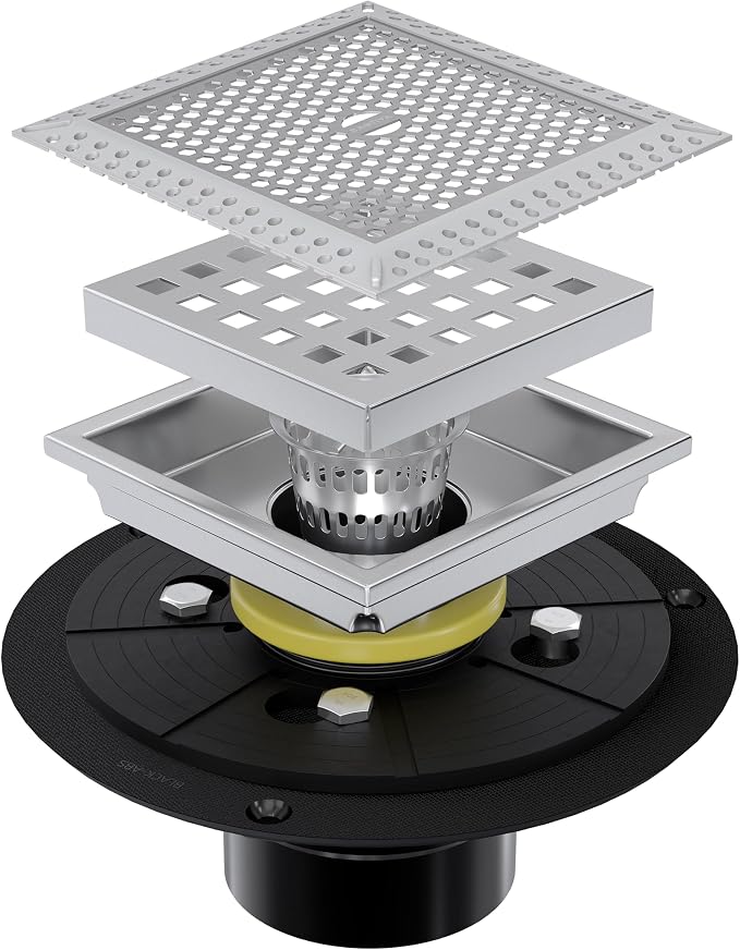 4 Inch Brushed Nickel Square Shower Drain Kit with Flange,Modern Floor Drain with Removable Quadrato Pattern Grate,Stainless Steel SUS 304