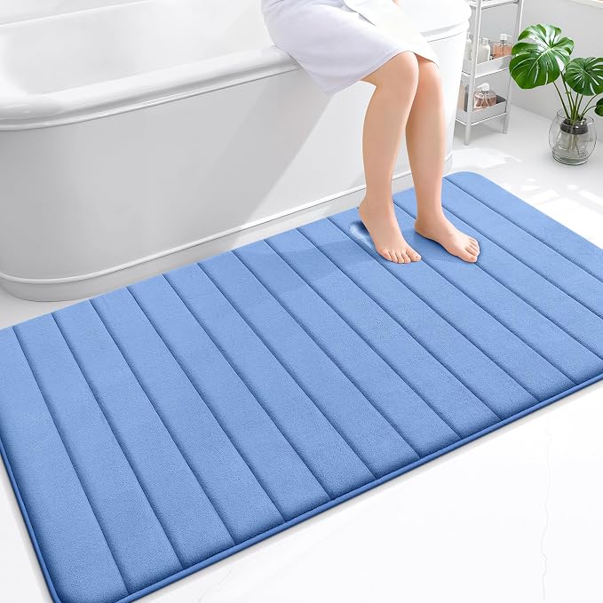 OLANLY Memory Foam Large Bath Mat 59x34, Super Soft Absorbent Bathroom Rugs | Cornflower Blue, Quick Dry Bath Rug, Machine Washable Shower Floor Mats, Bathmat Carpet for Bathroom Floor, Tub and Shower