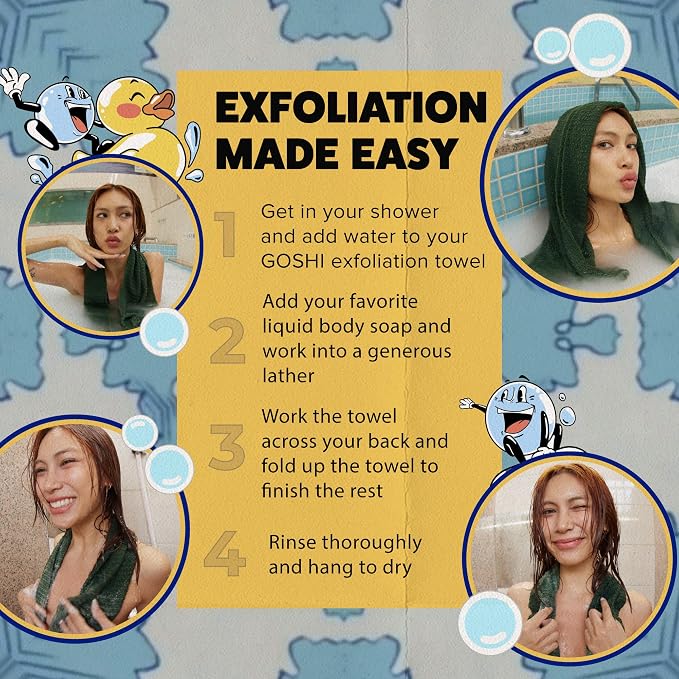 GOSHI Exfoliating Shower Towel - Long Body Scrubber, Green | rip-resistant, rapid-drying, exfoliating long washcloth for all skin types to eliminate back acne and maintain smooth skin