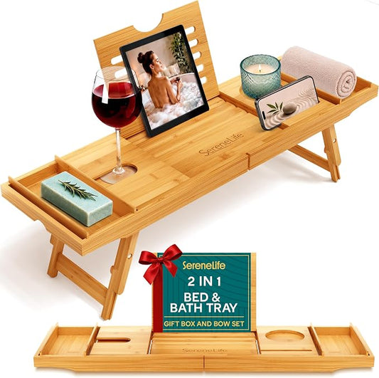 SereneLife Bath Caddy Breakfast Tray Combo, Natural Bamboo Wood Waterproof Bathtub Caddy and Bed Tray with Folding Slide-Out Arms, Spa Trays and Soap Box, Smartphone Holder