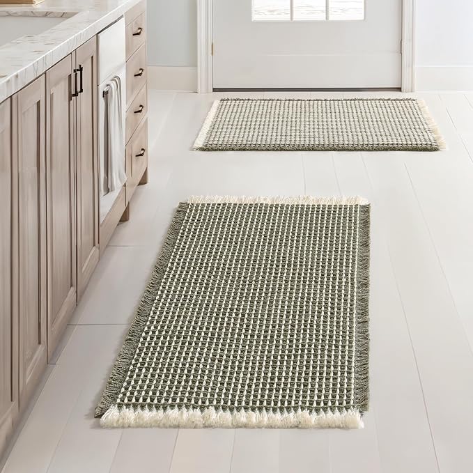 MIULEE Set of 2 Waffle Bathroom Rugs Boho Bath Mat Green&Cream 17x24 Inch | Non Slip, Super Absorbent, Washable, Ultra Soft, Rubber Backed, Small Bath Rugs for Bathroom Floor Tub Shower