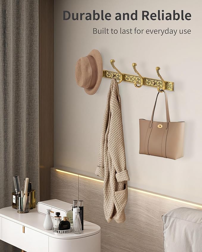 Vintage Coat Rack Wall Mount, Decorative Wall Coat Rack with 4 Hooks for Hanging Key Purse Hat Robe Towel Clothes Unique Hanger for Bathroom Shower Entryway Antique Brass 2 Pack