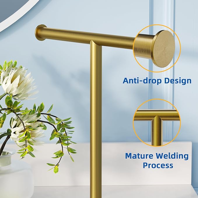 RUACQ Hand Towel Holder Stand, T-Shape Stainless Steel Free Standing Towel Rack, Vanity Countertop Towel Holder for Bathroom Kitchen Heavy Duty (Brushed Gold)