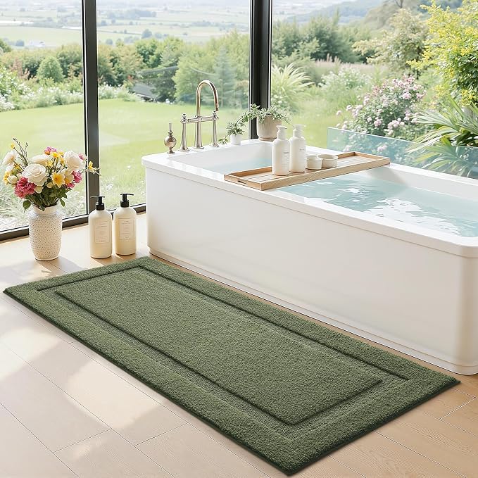LUMI Ultra Soft Bathroom Runner Rugs, Non Slip Bath Mat 24x60, Green | Machine Washable with Rubber Backing, Quick Dry, Premium Microfiber Carpet for Shower Floor