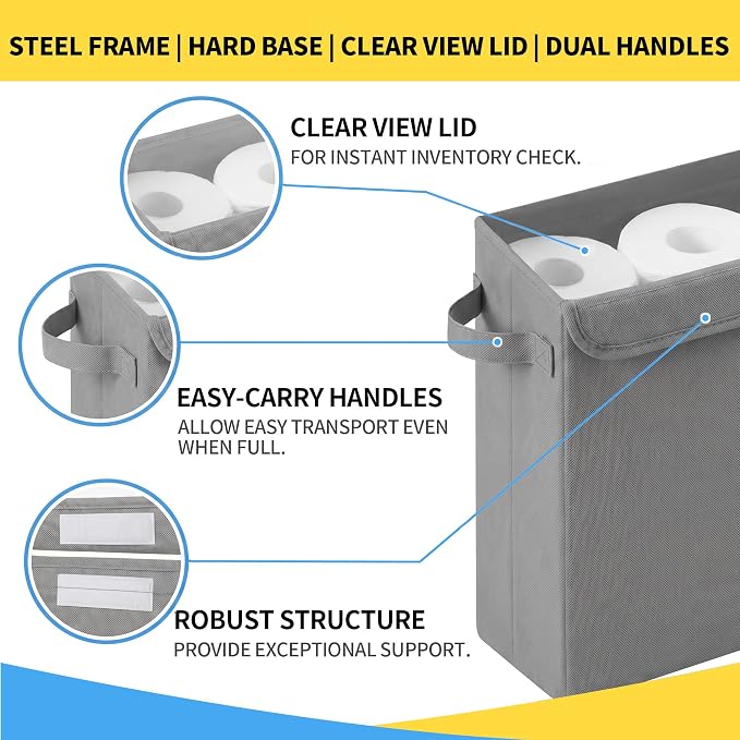 Cupic Cupid Toilet Paper Storage Baskets, Bathroom Toilet Paper Storage with Lid, Holds 12 Regular or 9 Mega Rolls, Slim Toilet Tissue Holder Basket with Clear PVC Lid and Handles, Grey
