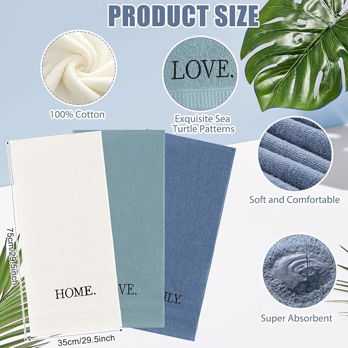 3 Pcs Hand Towels Bathroom Set,Teal,Home Love Family | Embroidered Cotton Farmhouse Towels, Kitchen Decor, Rustic Boho Decorative with Text Labels, Guest Bath Home