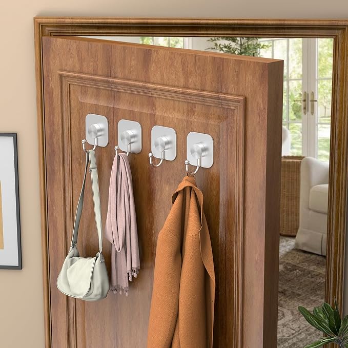 Aikzik 4 Pack Large Heavy Duty Wall Hooks - 26lb Max, Stainless Steel Adhesive Towel Hook, Shower Hooks for Hanging Towel, Coat, Robe, Wall Hook for Use in Bathroom, Kitchen and Door
