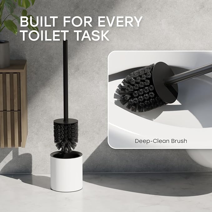 Toilet Bowl Brush and Enclosed Holder Set – White | Freestanding toilet brush set with durable steel holder and integrated splash guard lid in clean matte white