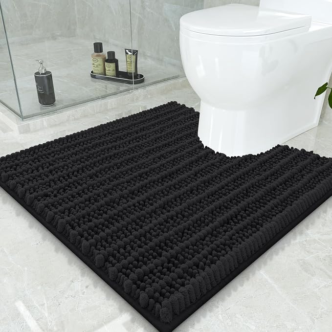 Smiry Bathroom Toilet Rugs U Shaped 24x24, Chenille Bath mats for Toilet | Black Extra Soft Absorbent Non Slip Rubber Backing Contour Bath Rugs for Toilet, Machine Washable Contoured Bath Mats
