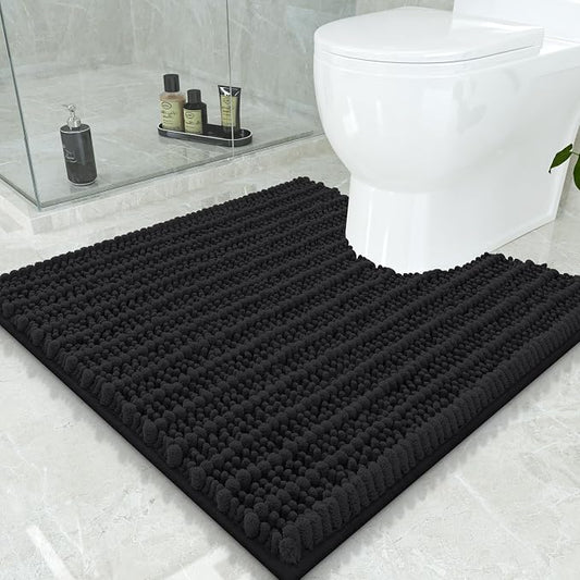 Smiry Bathroom Toilet Rugs U Shaped 24x24, Chenille Bath mats for Toilet | Black Extra Soft Absorbent Non Slip Rubber Backing Contour Bath Rugs for Toilet, Machine Washable Contoured Bath Mats