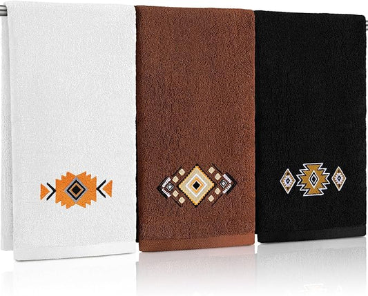 3 Pcs Western Aztec Hand Towels Southwestern Bathroom Decor | Embroidered Western Aztec Design, 100% Cotton, Western Bathroom Kitchen Decor, Absorbent Towels, Holiday Housewarming Gifts